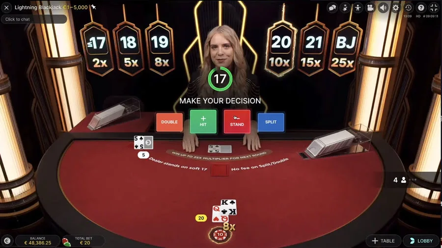 Live Lightning Blackjack gameplay