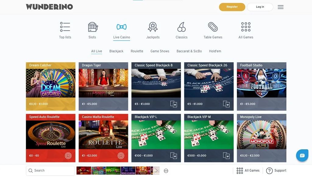 Spiludvalg hos Wunderino Casino