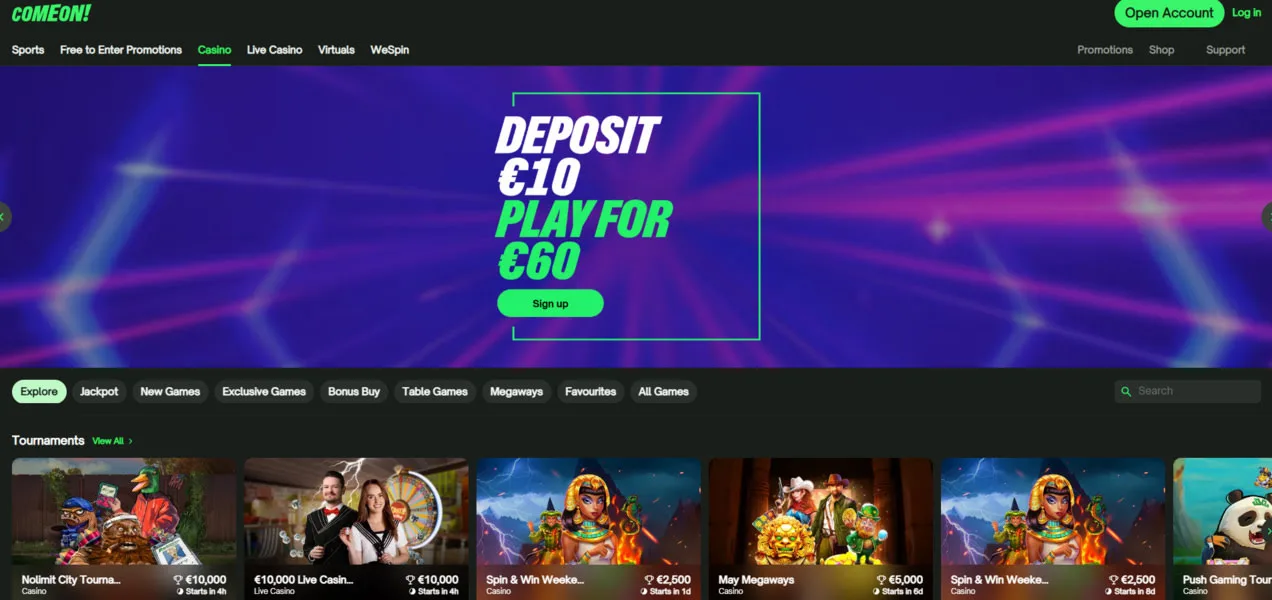 ComeOn Casino spiludvalg